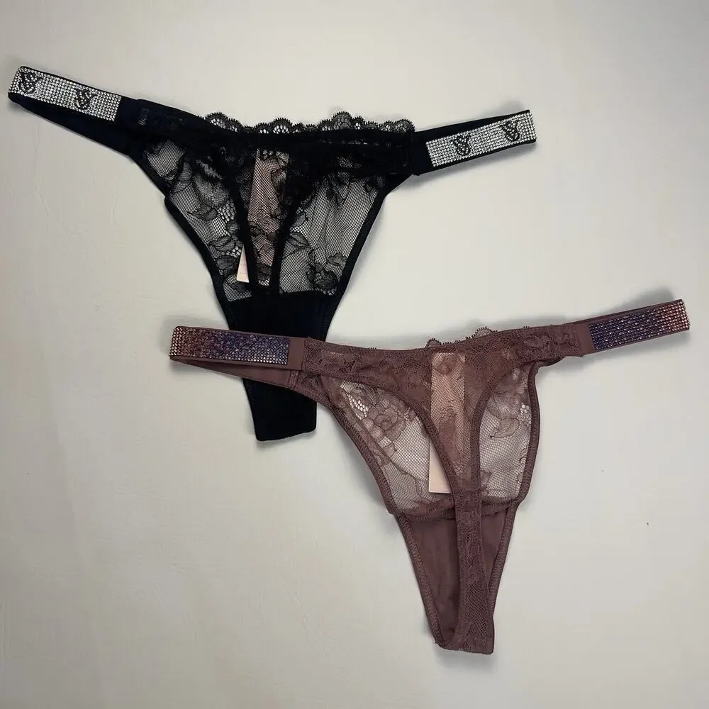 2 Victoria's Secret Very Sexy‎ Rhinestone Shine Logo Thong String Panties S.L